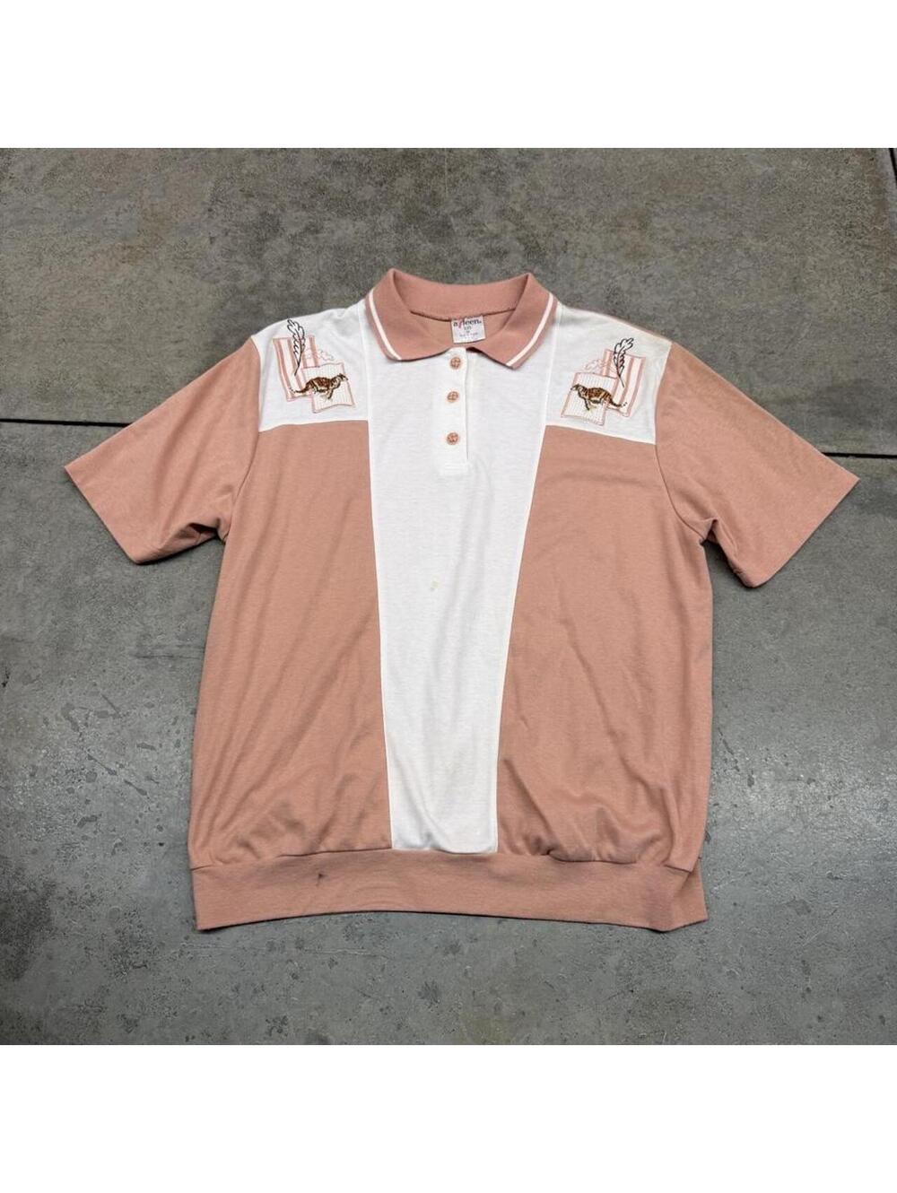 vintage kitten kitty cat beige and white polo shirt size xl WOMENS